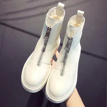 Botas femininas de couro de inverno mais de veludo mulher sapato moda feminina respirável bootie frente zíper luz branca sapatos de inicialização
