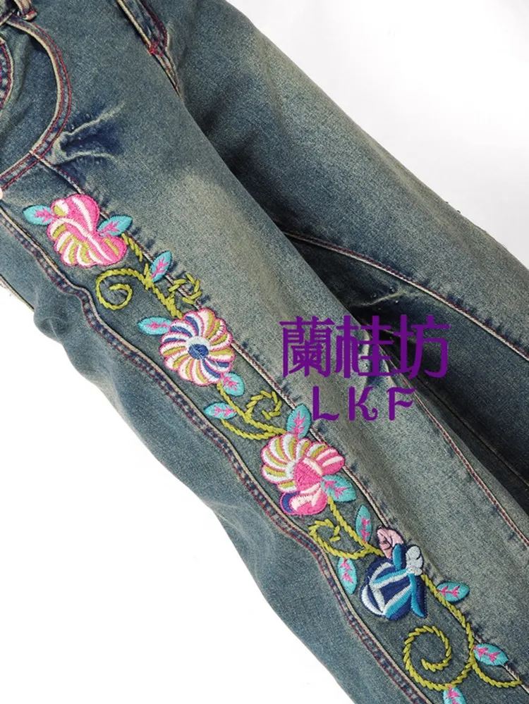 Free Shipping 2023 New Fashion Long Pants For Women Embroidery Flower Trousers Plus Size Denim Wide Leg Jeans Female Chinese
