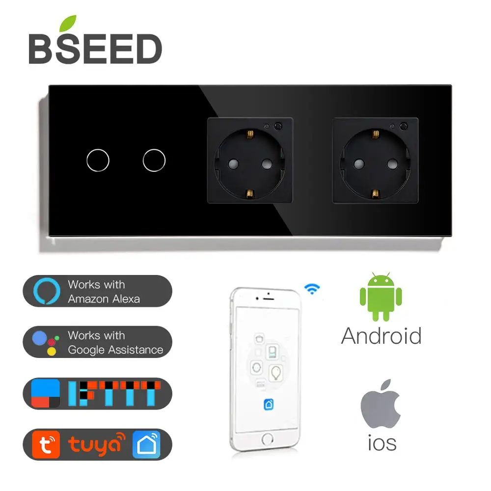 BSEED 2 банда Wifi переключатель с двойной Wi-Fi ЕС розетки Белый Черный Gloden Кристалл стекло панель управления от Alexa Google Tuya App