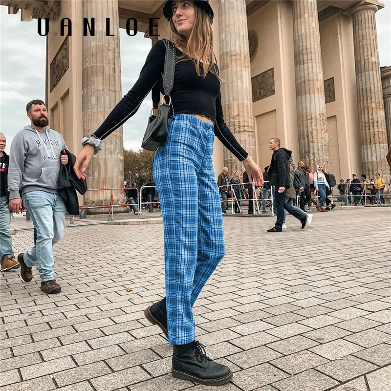 

High Waisted Plaid Pants Women Bule Streetwear Straight Trousers 2020 Fashion Button Women Pants Baggy Jogger Trousers
