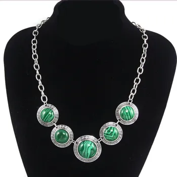 

Trendy Silver Plated Stackable Round Malachite Stone Pendant Link Chain Necklace Statement Jewelry