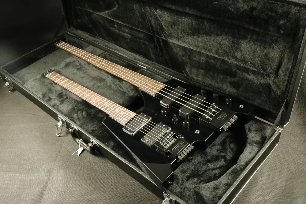 In Stock Headless Electric Guitar Bass T-01 Black Flamed Maple Top Double Neck Set In Neck Guranteed Quality Free Shipping
