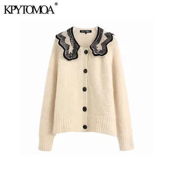 

Vintage Sweet Sequin Appliques Knitted Sweater Women 2020 Fashion Lapel Collar Long Sleeve Female Pullovers Chic Tops