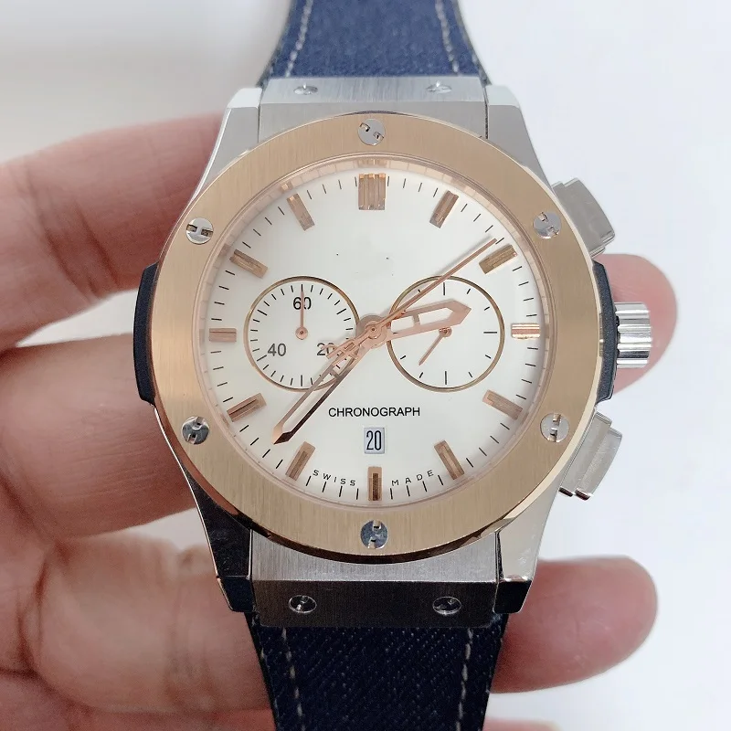 

42MM Watch men Stainless steel case Japan OS timing multi-functional quartz wristwatches