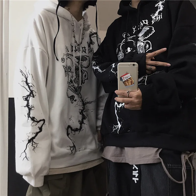 Harajuku Свободные женские Флисовые толстовки в стиле «граффити» Lightning Для женщин флисовая толстовка с капюшоном и толстовки, топы, осенняя одежда женские флисовые пуловеры