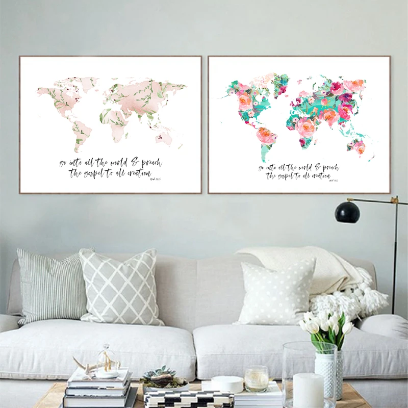 

World Map Print Mark 16:15 Bible Verse Watercolor Floral Art Canvas Painting Scripture Christian Poster Home Wall Art Decor
