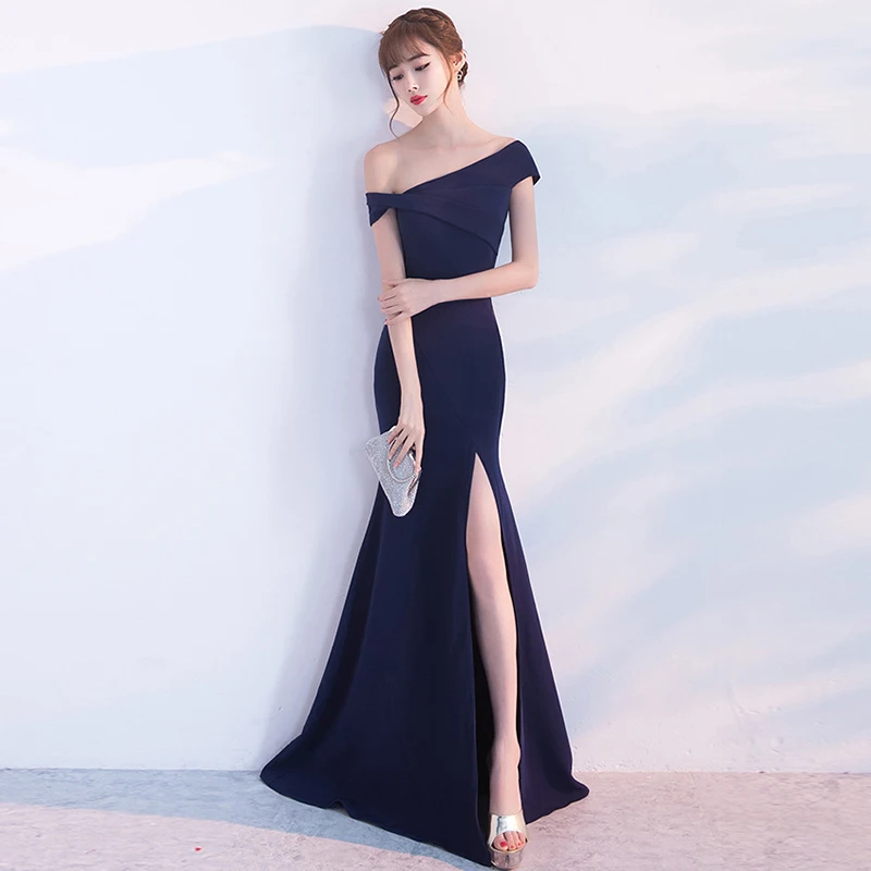 Evening Dress Mermaid Long Navy Blue Satin Evening Dresses Long Robe De Soiree Abiye Gece Elbisesi Formal Dress Women Elegant