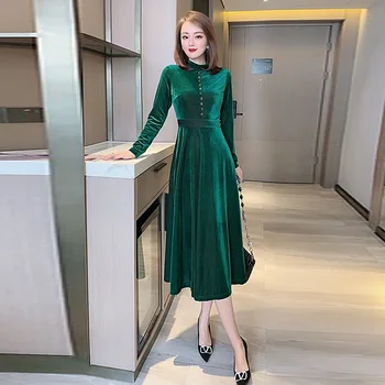 

High Quality Autumn New Style Women'S Fashion Party Casual Vintage Elegant Chic Long Sleeve Slim Velvet Midi Dress