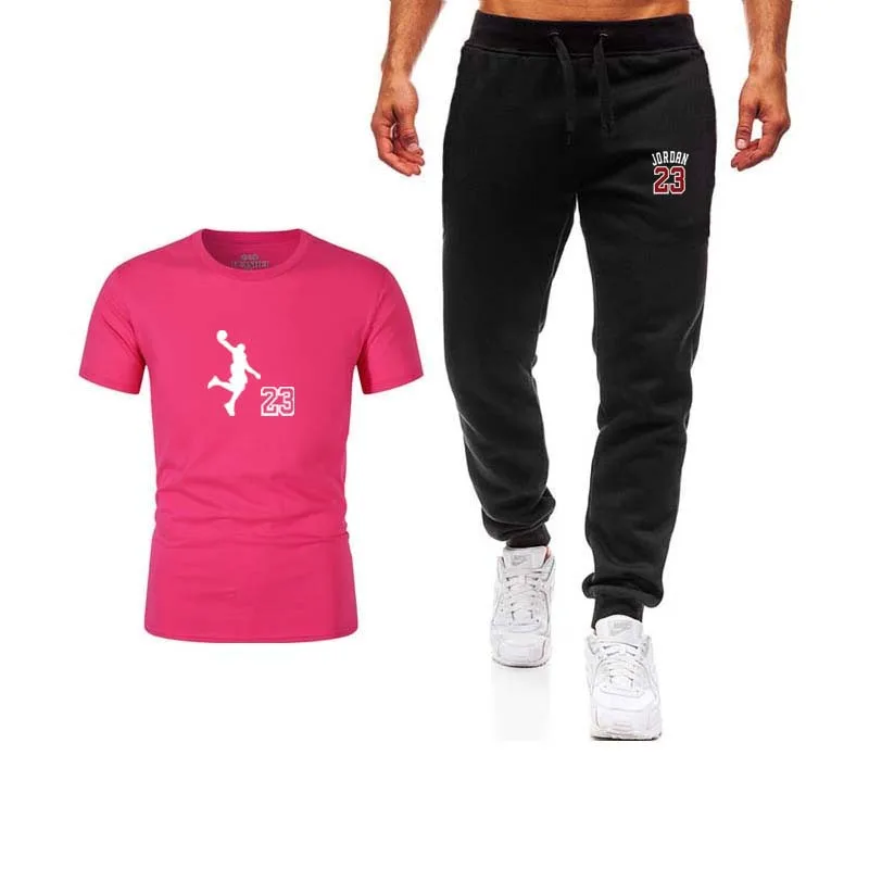 Летний мужской спортивный костюм комплект из двух предметов, футболка, спортивные штаны, повседневная одежда, спортивный костюм jordan 23, хлопковая спортивная одежда