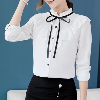 

Slim Office Blouse Elegant Bow Women Chiffon Tops Long Sleeve Shirt Ruffles Women White Shirt *
