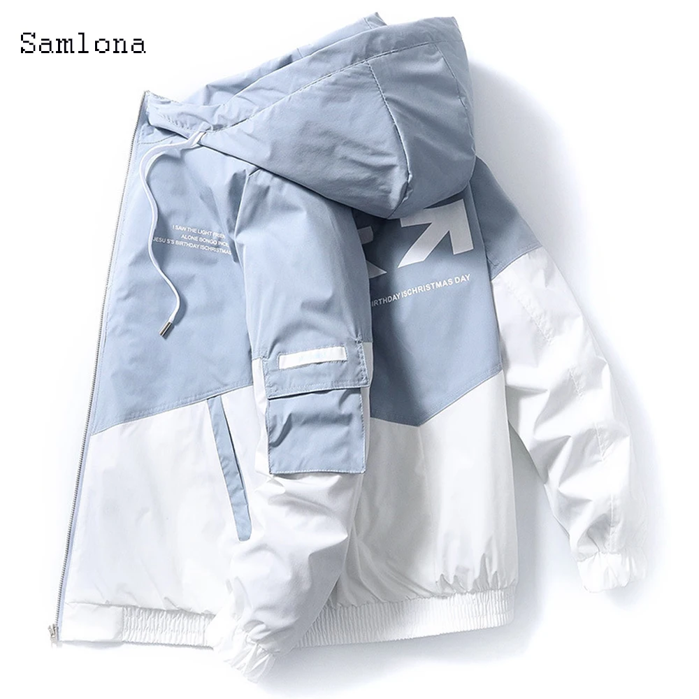 

Samlona Spring Autumn Casual Lightweight Men Jacket 2020 New Arrival Hooded Contrast Color Zipper Jackets Outwear Men clothing