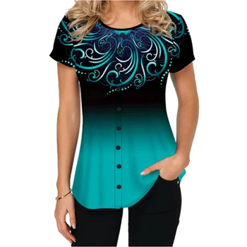 

Women Casual Short Tshirts 2020 Plus Size S-5XL Gradient Color Print Summer Tshirt O-Neck Button Tees Top Loose Shirts Femme