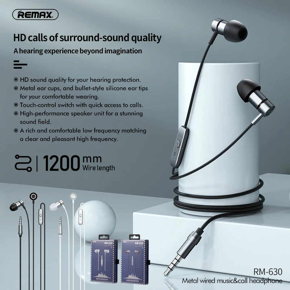 

remax Metal wired music in ear earphone HD calls of surround-sound quality touch control 3.5mm interface headphone