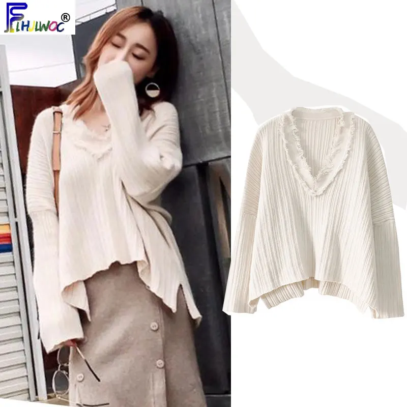 

womens sweaters 2019 Autumn Winter Basic Wear Tops Fashion V Neck Knited Sweater Pullovers White Black Korea Style Design 9218