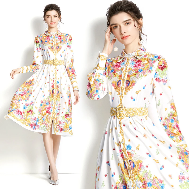 

Original design - 2022 early spring shirt collar print medium length dress