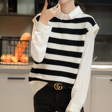 

LONGMING 100% Wool Knit Vest Striped Women Knitted Vest Autumn Sweater Vest Sleeveless Pullover Female Winter Knit Vests Tops