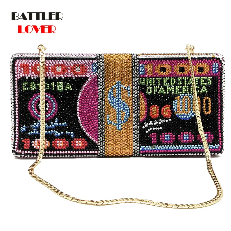 Luxury Brand Inlaid Diamond Evening Bag Dollars Design Women Wedding Zero Wallet Stack of Cash Funny Money Handbag