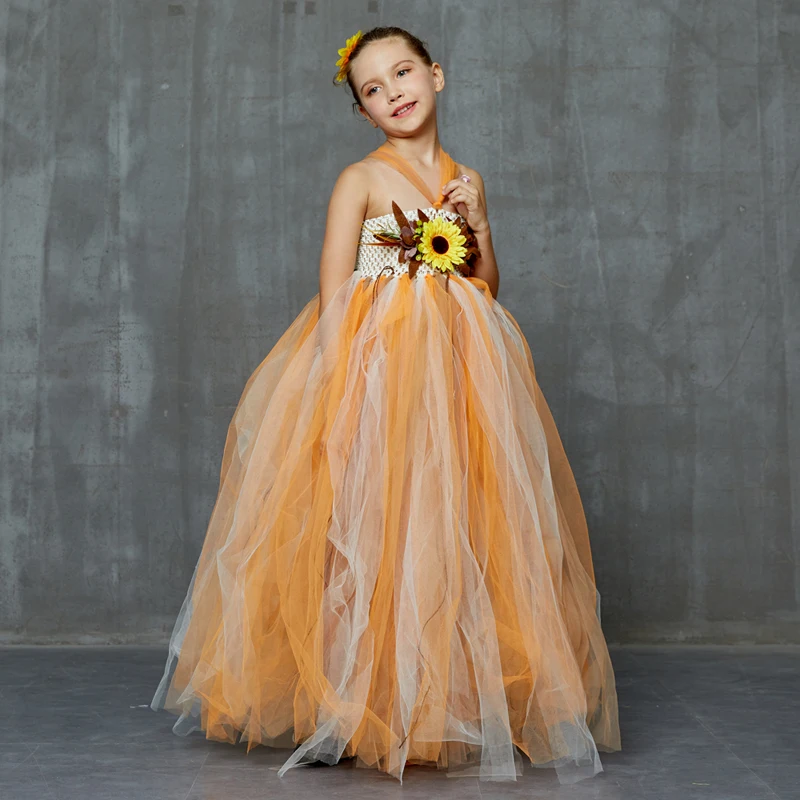 Autumn Scarecrow Girls Tutu Dress Set Kids Halloween Tulle Scare Crow Costume Fall Colored Flower Children Wedding Couture Dress (6)
