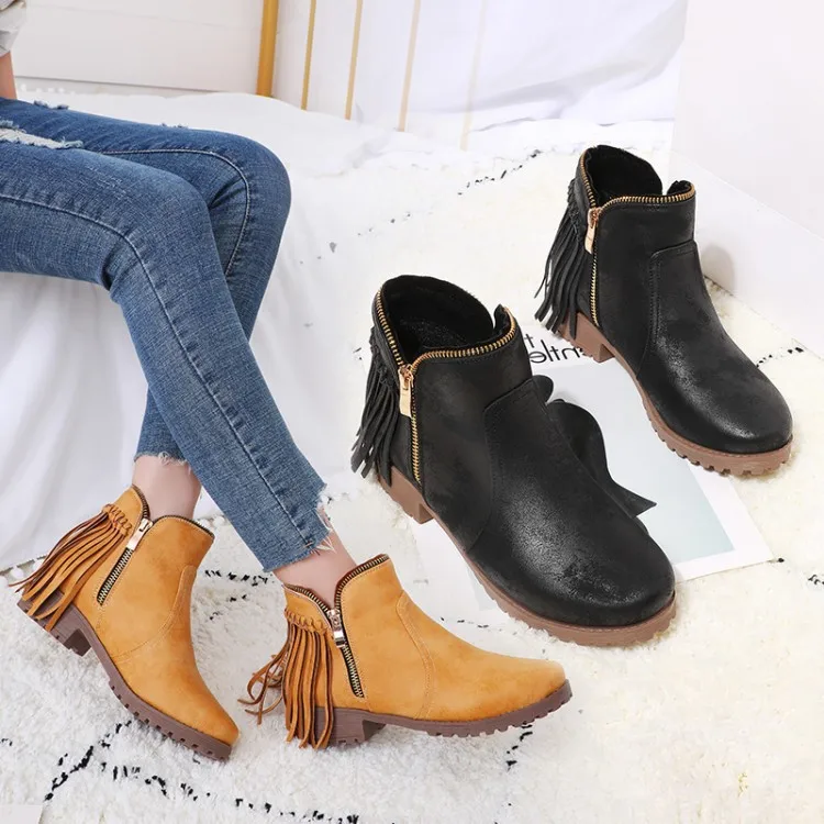 

Booties Woman Flat Heel Zipper Round Toe Winter Boots Low Heels booties Fashion Womens Shoes 2019 Ladies Big Rock For Ankle