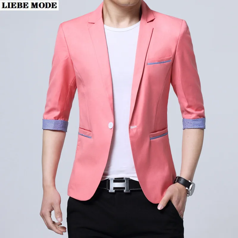 Мужской летний блейзер с короткими рукавами модный приталенный пиджак розового