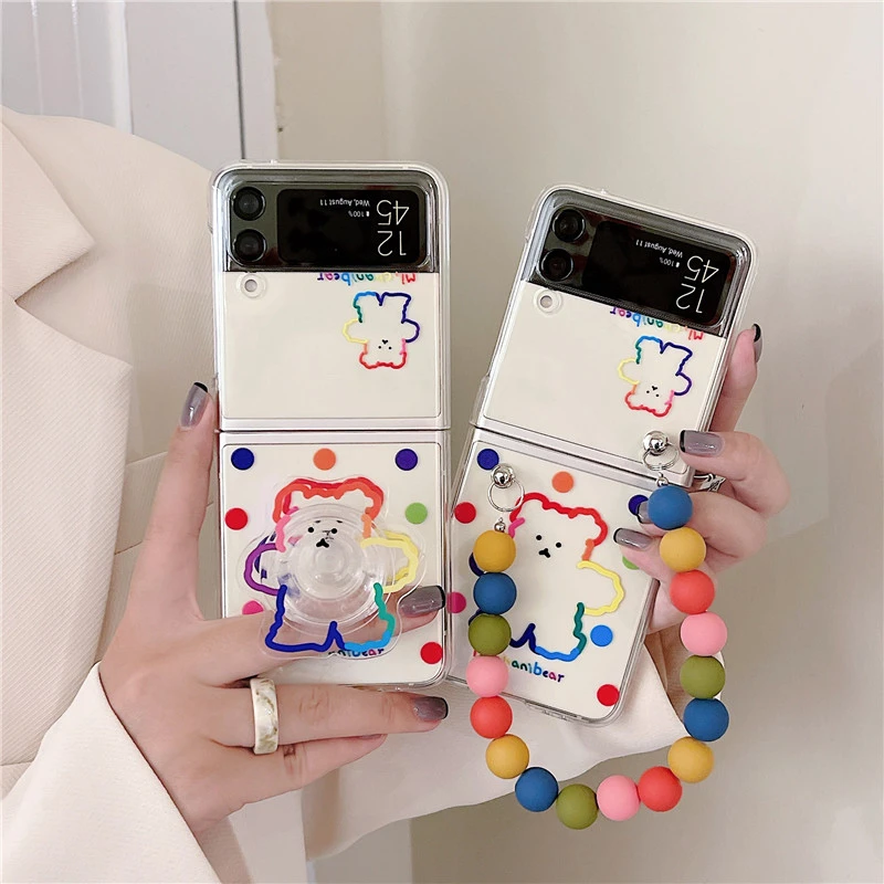 Fundas de teléfono con dibujos de Corea para Samsung Galaxy Z Flip 4 3 5G, soporte de pulsera bonito, transparente de PC para Samsung Z 1 2|Fundas antigolpes