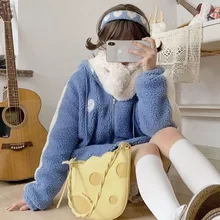 

Japanese Sweet Girly Lolita Style Jacket Winter Warm Thicken Zip Up Vintage Embroidery Lambswool Coat Loose Hooded Women Jacket