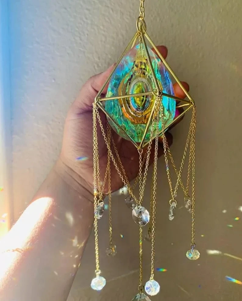 

Aura Crystal Pendant Suncatcher in Gold | Window Light Catcher | Prism Celestial Rainbow maker | Boho Witchy decoration Sun