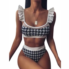 Ladies Summer Sexy Houndstooth Swimsuit Bikini Adults Ruffle Shoulder Plaid Printing Split Bikini Set Swimwear Beachwear Ladies Summer Sexy Houndstooth Swimsuit Bikini Adults Ruffle Shoulder Plaid Printing Split Bikini Set Swimwear Beachwear