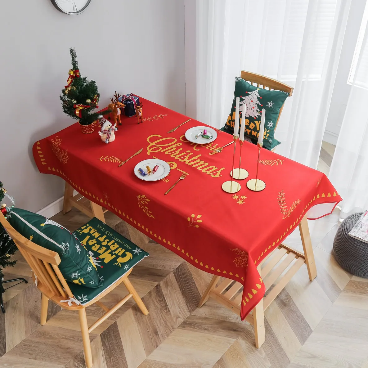 

New Year Christmas Tablecloth Kitchen Dining Table Decorations Home Rectangular Party Cotton Table Covers Christmas Ornaments