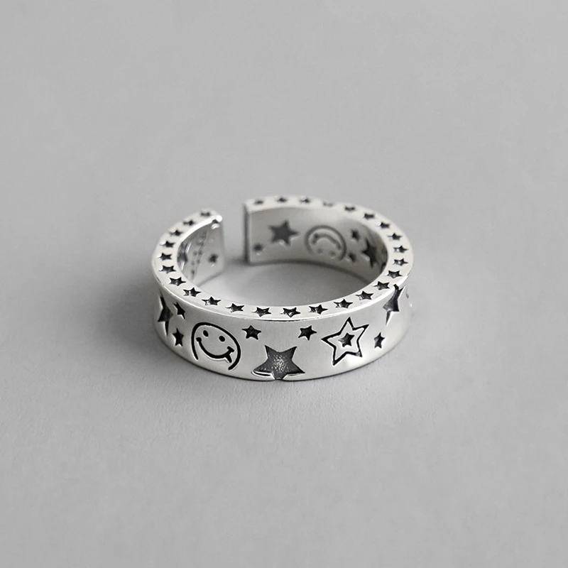

s925 Sterling Silver Star Ring,Happy Smile Ring Open Adjustable for Women Jewelry