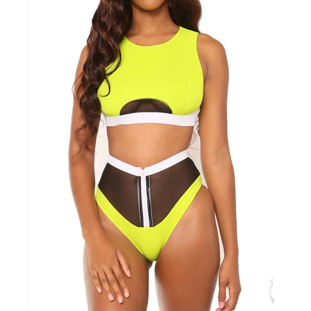 Сексуальный купальник женский бикини неоновый черный кружевной прозрачный с