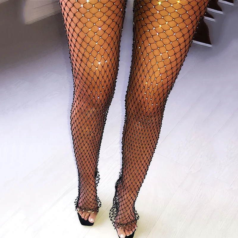 DEAT Costumes For Singers Sexy Black Mesh Shiny Rhinestone Pants Stockings Women Nightclub Rave Clothes Pole Outfit MG209