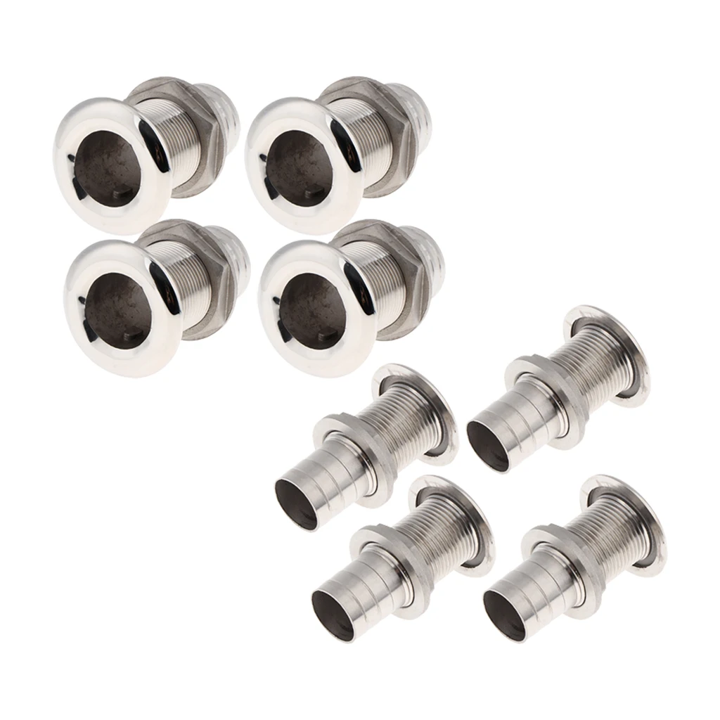 8x Boat Thru Hull Fitting/Drain 1-1/4 inch 1 inch Hose Barb, Marine Grade 316 Stainless Steel