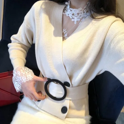Женский двубортный вязаный кардиган в стиле ретро, модный женский свитер с v-образным вырезом и поясом, осенне-зимняя женская верхняя одежда, короткий топ