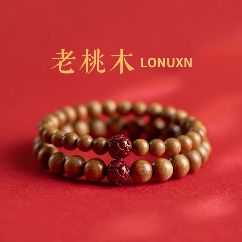 High Quality Real Peach Wood Beads Bracelet Buddha Bracelet Buddhist Bangle Prayer Men Women Natural Cinnabar Hand-carved Lotus