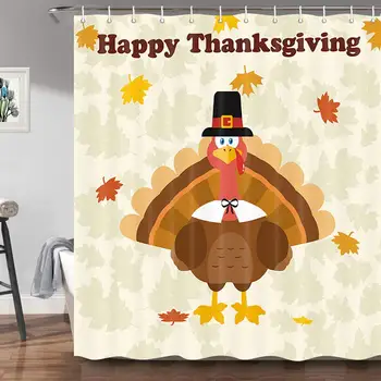 

Cute Turkey with Fall Maple Leaf for Thanksgiving Festival Profession Polyester Fabric Bath Curtains