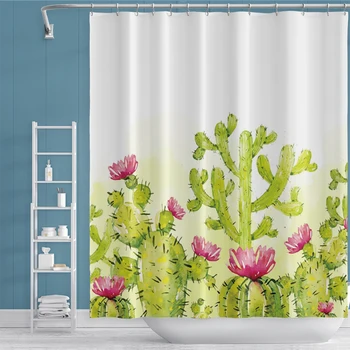 

Cassisy Cartoon Cactus With Flowers Shower Curtains Bathroom Waterproof Products Decoration Bathroom Polyester Decor With Hooks