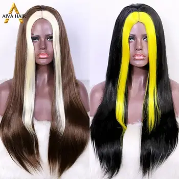 

Aiva Hair Drag Queen Yellow Black None Lace Wig Heat Resistant Full Machined Synthetic Wig Cheap Cosplay Wigs For Black Women