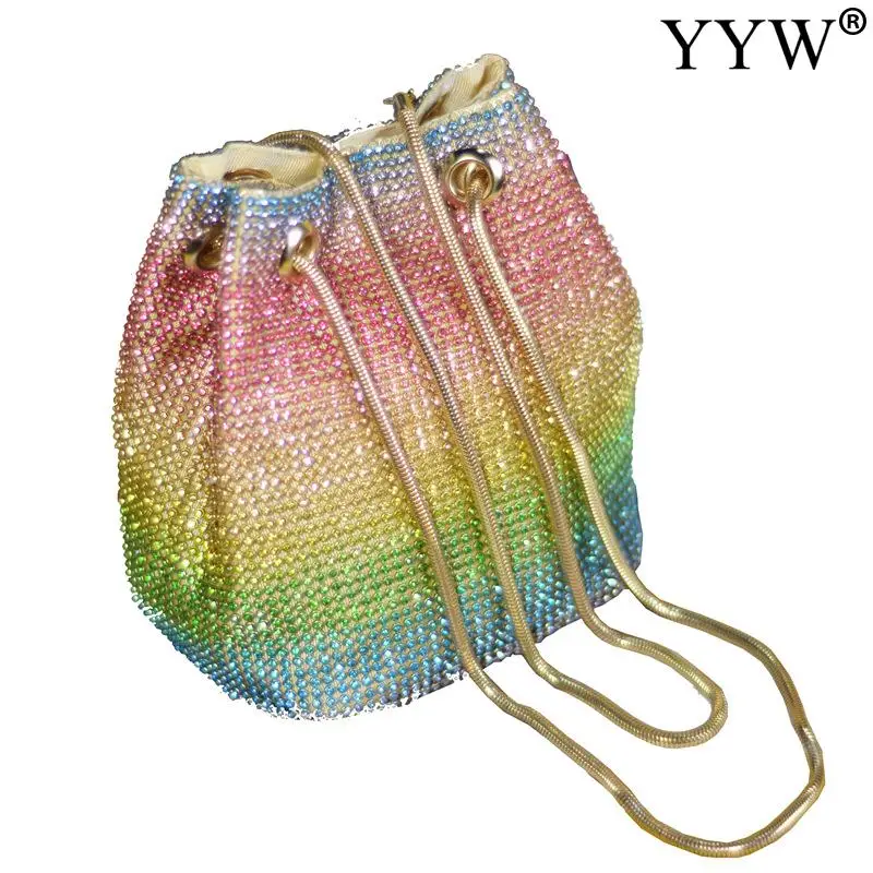 Fashion Women Bucket Shoulder Bag With Rhinestone Crossbody Bag Evening Bag Rainbow Ladies Party Purse Female Clutches Bolsos