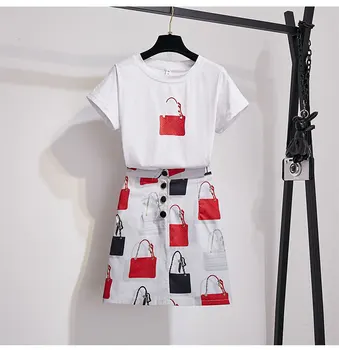 

HAMALIEL Runway 2020 Summer 2 Pieces Set Women Cotton Embroidery T-Shirt Tops + Fashion Short Print Bag Pocket A Line Skirt Set