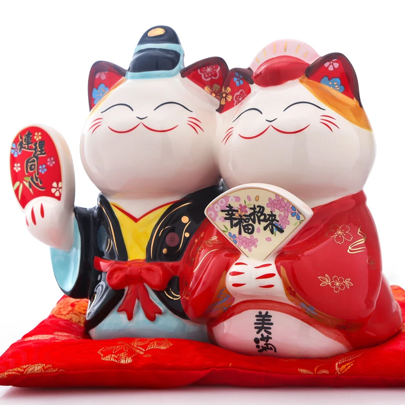 9 дюймов Свадебные Maneki Neko орнамент керамическая пара Lucky Cat подарок для украшения дома фэн шуй Копилка статуя