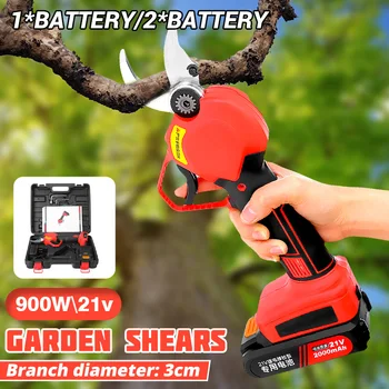 

900W 21V Rechargeable Electric Pruning Scissors Pruning Shears Garden Pruner Secateur Branch Cutter Cutting Tool w/ 2x Battery