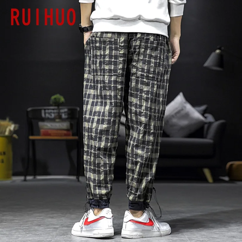RUIHUO клетчатые брюки мужская Японская уличная одежда Спортивные штаны мужские модные бегуны брюки мужские тренировочные хип-хоп 5XL осень