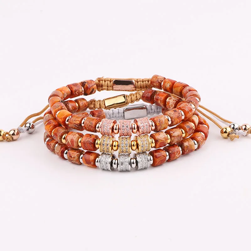 New Fashion Women Bracelet Natural Stone Orange Imperial Jasper CZ Pave Charm Macrame Bracelet Women Men - Image 2