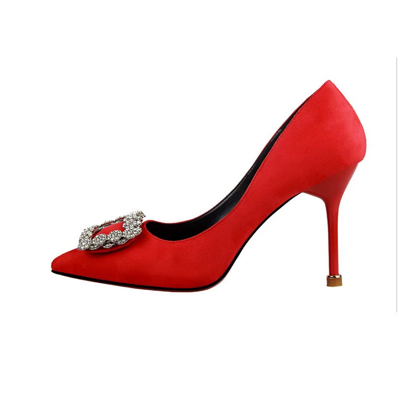 

new banquet temperament women's high-heeled shallow mouth slim rhinestone wedding shoes red bottom high heels zapatos de mujer