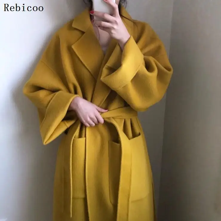 Женское Элегантное зимнее шерстяное пальто длинное Бандажное шерстяное пальто кардиган свободного размера плюс Abrigos Mujer Manteau Femme Hiver