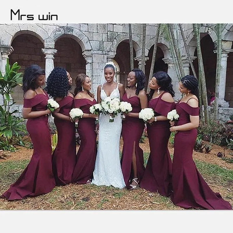 burgundy Mrs win платья подружек невесты лодочка шеи Слинг Vestido Madrinha размера плюс с открытыми плечами бургундское длинное свадебное платье для гостей HR310 - Цвет: burgundy