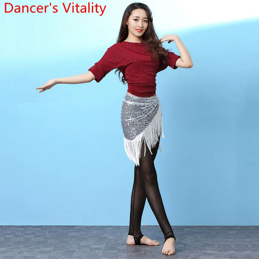 Women New Belly Dance Practice Clothes Sequin Tassel Hip Scarf Lady Oriental Indian Dancing Performance Training Skirt