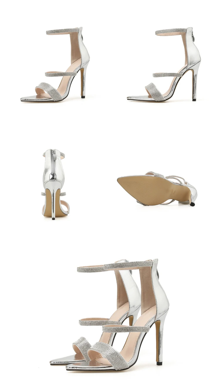 Eilyken/Серебристые босоножки с ремешком на щиколотке, украшенные кристаллами; пикантные босоножки-гладиаторы на высоком каблуке-шпильке с открытым носком и молнией; женские туфли-лодочки; большие Size35-42