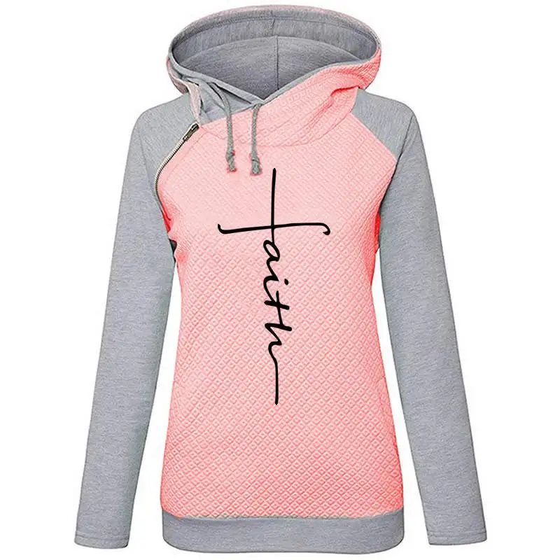 Pink Осень Зима Лоскутные толстовки свитшоты для женщин Faith Cross вышитые с длинным рукавом кофты Женский Теплый пуловер Топы - Цвет: Pink